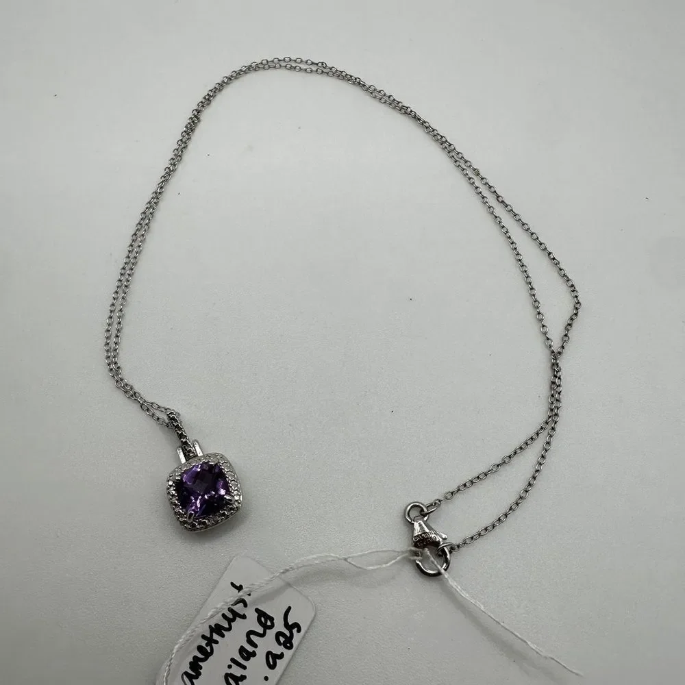 Stunning checkboard faceted cushion cut‎ amethyst necklace in sterling silver!